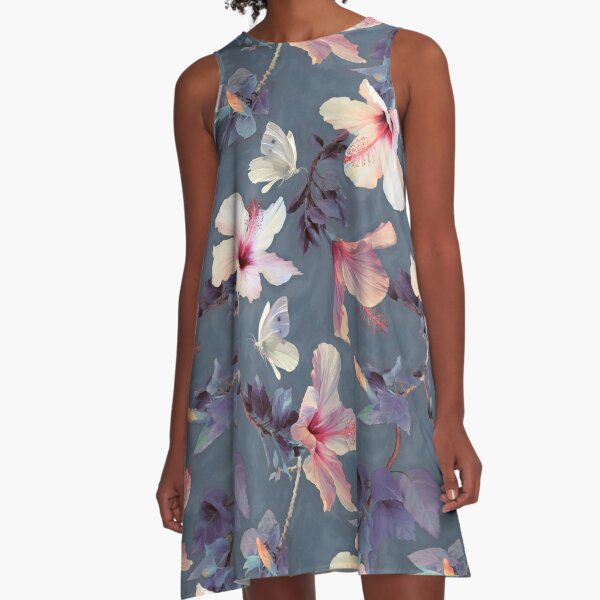 Butterflies and Hibiscus Flowers - a painted pattern A-Line Dress