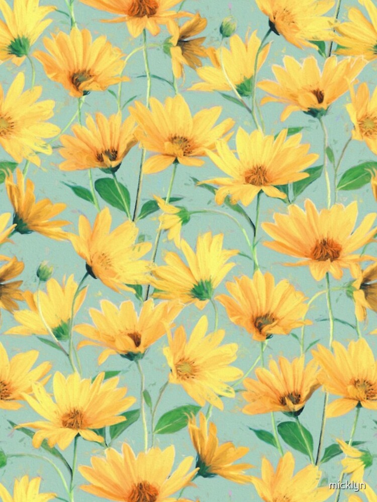 Painted Golden Yellow Daisies on soft sage green by micklyn