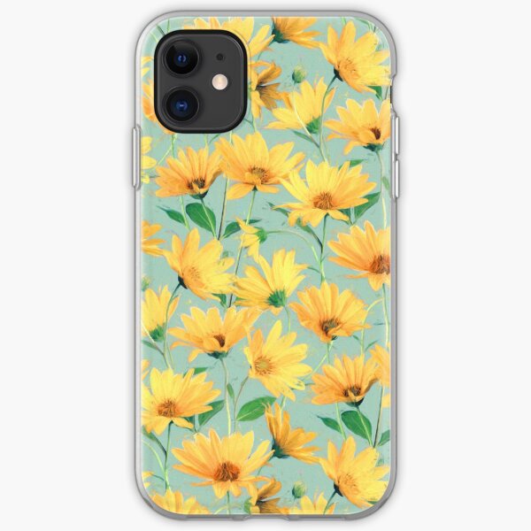 Painted Golden Yellow Daisies on soft sage green iPhone Soft Case