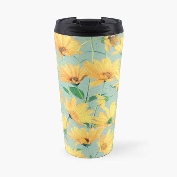 Painted Golden Yellow Daisies on soft sage green Travel Mug
