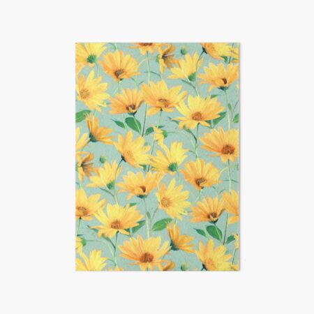 Painted Golden Yellow Daisies on soft sage green Art Board Print