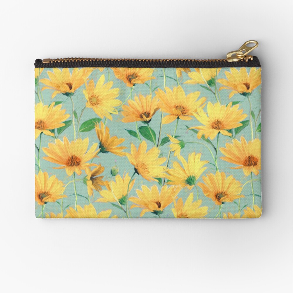 Painted Golden Yellow Daisies on soft sage green Zipper Pouch