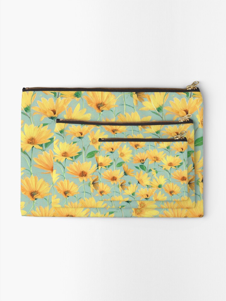 Alternate view of Painted Golden Yellow Daisies on soft sage green Zipper Pouch
