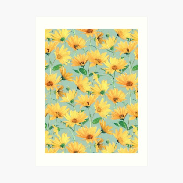 Painted Golden Yellow Daisies on soft sage green Art Print