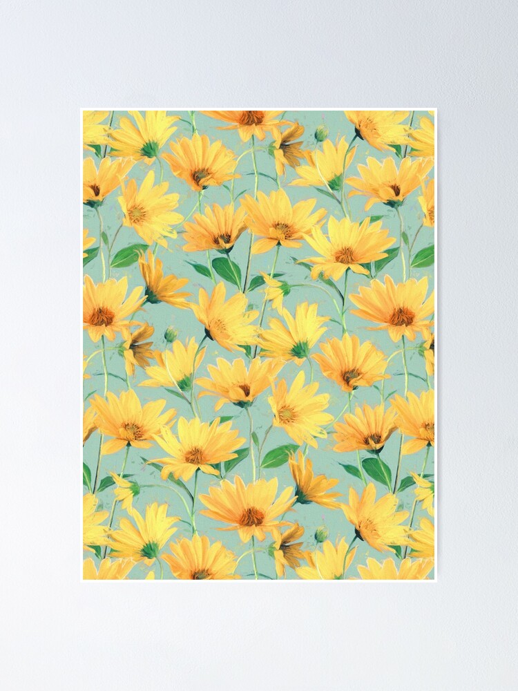 Painted Golden Yellow Daisies on soft sage green Poster for Sale by  micklyn