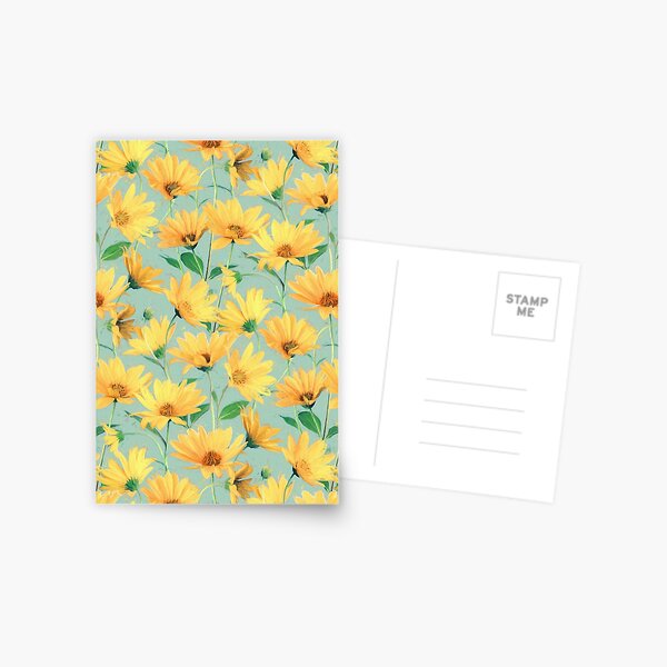Painted Golden Yellow Daisies on soft sage green Postcard