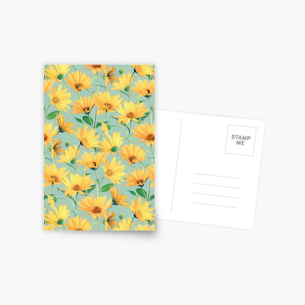 Painted Golden Yellow Daisies on soft sage green Postcard
