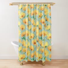 Painted Golden Yellow Daisies on soft sage green Shower Curtain