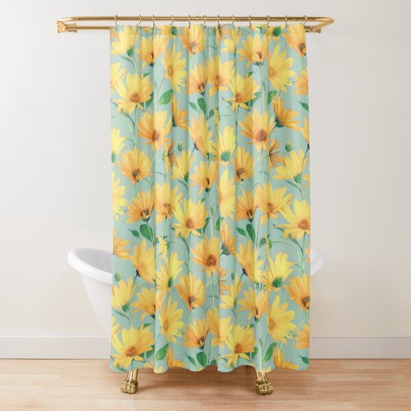 Painted Golden Yellow Daisies on soft sage green Shower Curtain