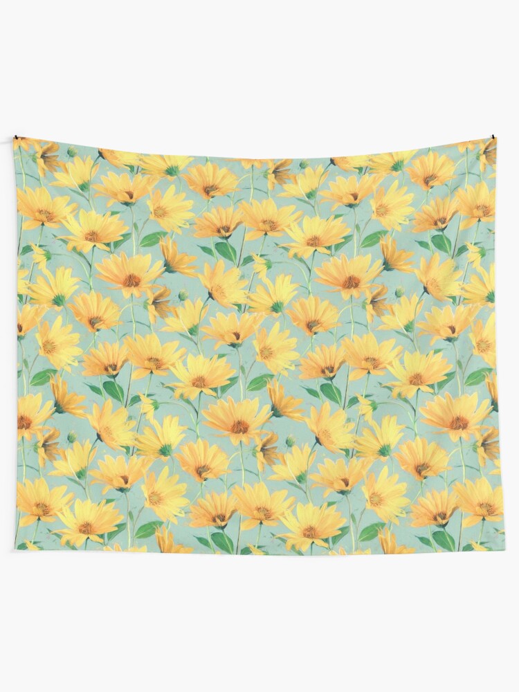 Disover Painted Golden Yellow Daisies on soft sage green | Tapestry