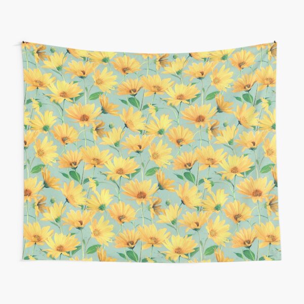 Disover Painted Golden Yellow Daisies on soft sage green | Tapestry