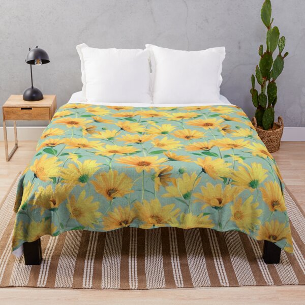 Painted Golden Yellow Daisies on soft sage green Throw Blanket