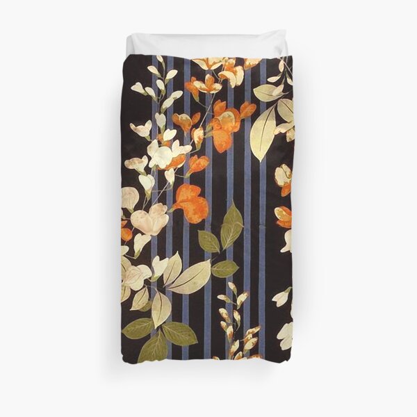 WHITE ORANGE FLOWERS AND BLUE BLACK STRIPES Antique Japanese Floral Duvet Cover