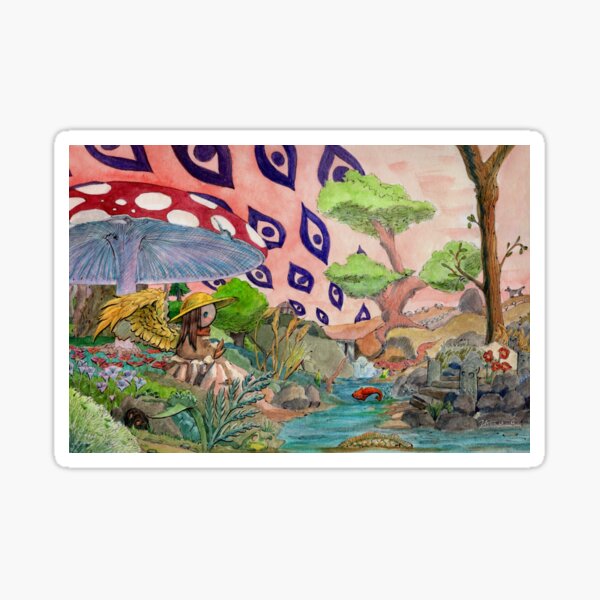 Engel unter einem Pilz an einem Fluss unter einem roten Himmel mit Augen Sticker