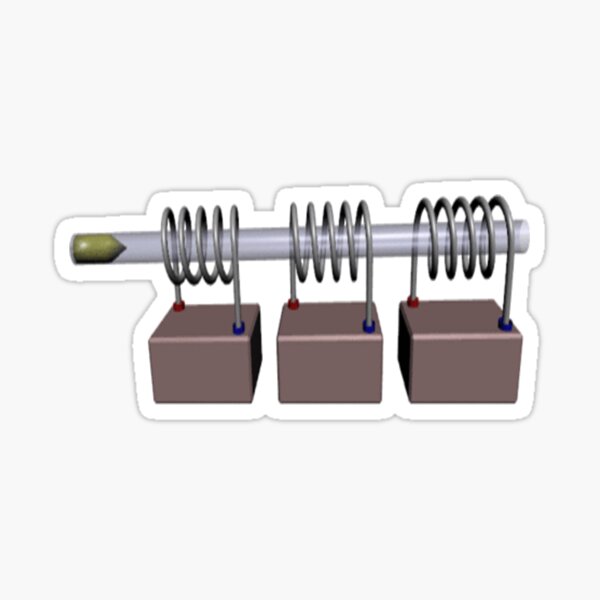 Simplified diagram of a multistage coilgun with three coils, a barrel, and a ferromagnetic projectile Sticker