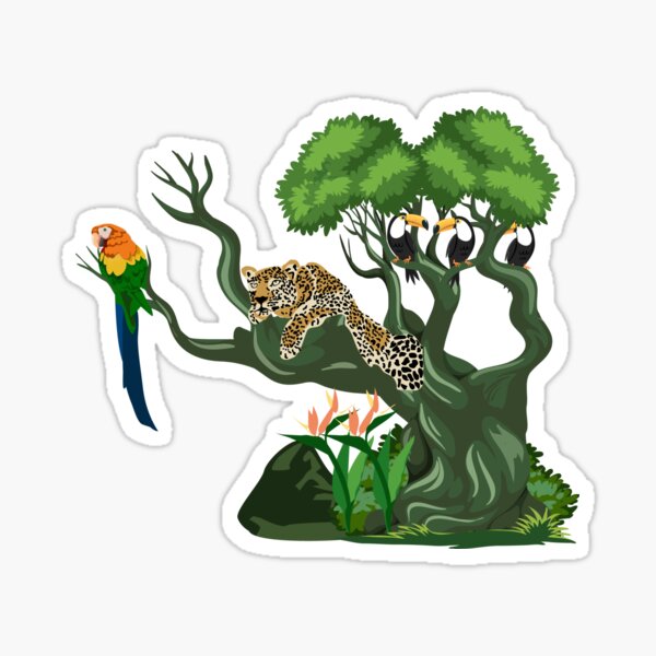 Tropical Rainforest with relaxed Leopard on tree, Macaw and Toucans Sticker