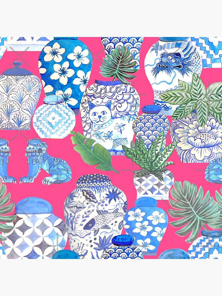 Blue and white china Chinese ginger jars on hot pink, watercolor Chinoiserie by MagentaRose