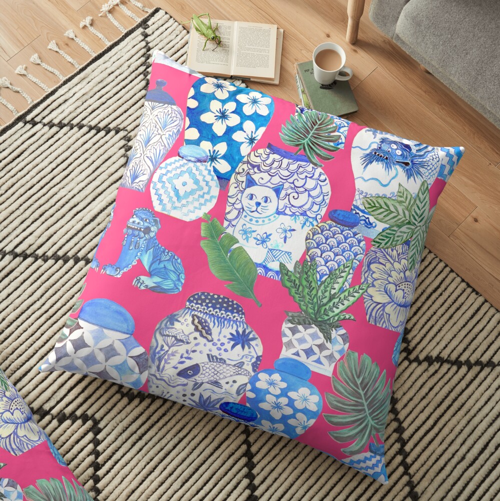 Blue and white china Chinese ginger jars on hot pink, watercolor Chinoiserie Floor Pillow