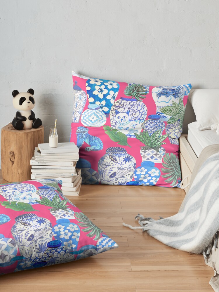 Alternate view of Blue and white china Chinese ginger jars on hot pink, watercolor Chinoiserie Floor Pillow