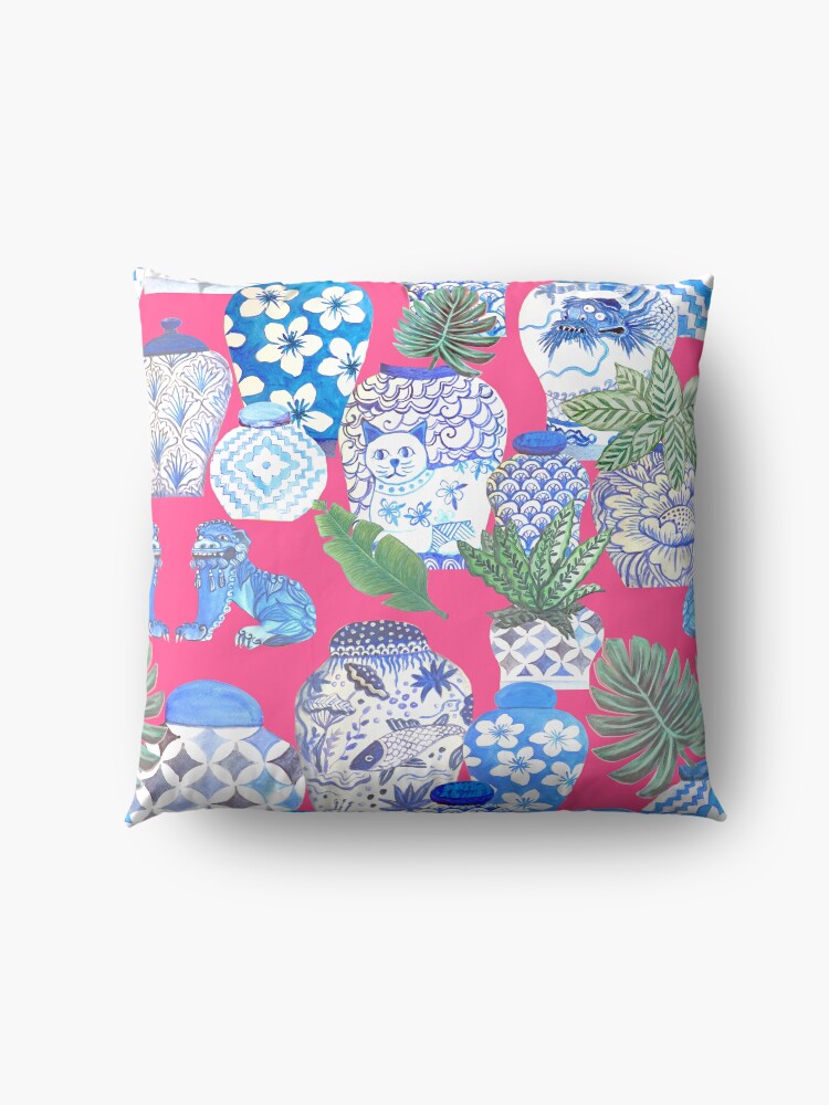 Alternate view of Blue and white china Chinese ginger jars on hot pink, watercolor Chinoiserie Floor Pillow