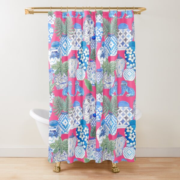 Blue and white china Chinese ginger jars on hot pink, watercolor Chinoiserie Shower Curtain
