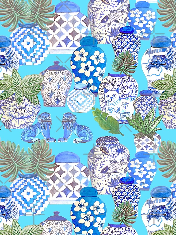 Chinese ginger jars with foo dogs on teal by MagentaRose