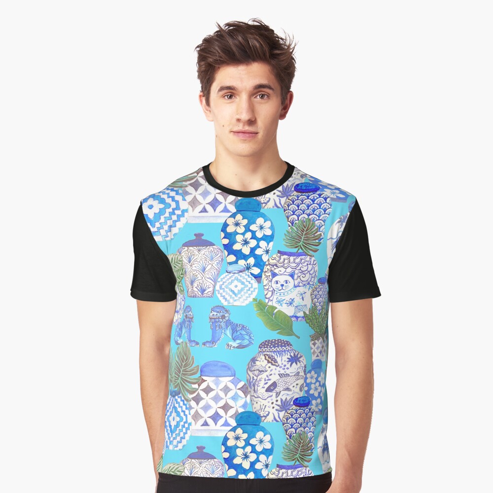 Chinese ginger jars with foo dogs on teal Graphic T-Shirt