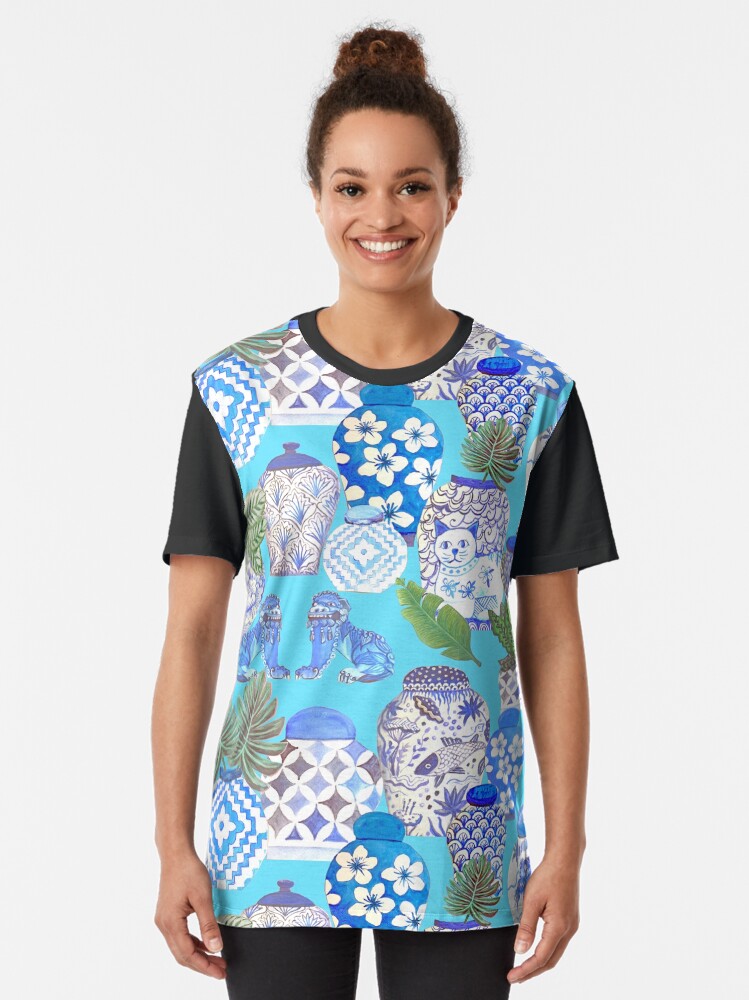 Alternate view of Chinese ginger jars with foo dogs on teal Graphic T-Shirt