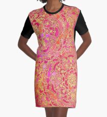 Hot Pink and Gold Baroque Floral Pattern Graphic T-Shirt Dress