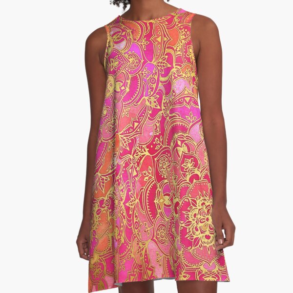 Hot Pink and Gold Baroque Floral Pattern A-Line Dress
