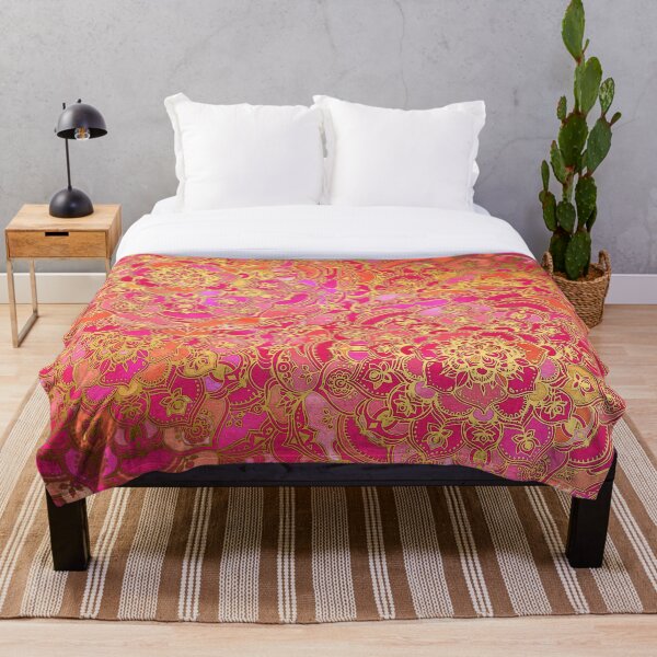Hot Pink and Gold Baroque Floral Pattern Throw Blanket