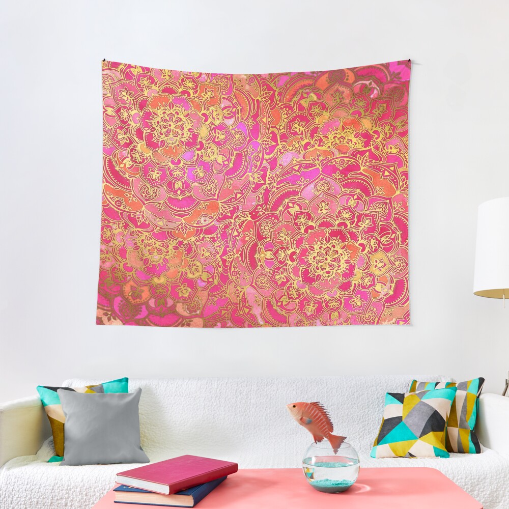 Hot Pink and Gold Baroque Floral Pattern Tapestry