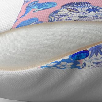 Thumbnail 2 of 3, Throw Pillow, pink Chinoiserie botanical Chinese ginger jars and foo dogs with palms on pink designed and sold by MagentaRose.