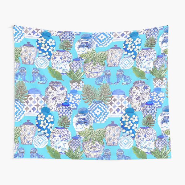 Chinese ginger jars with foo dogs on teal Tapestry