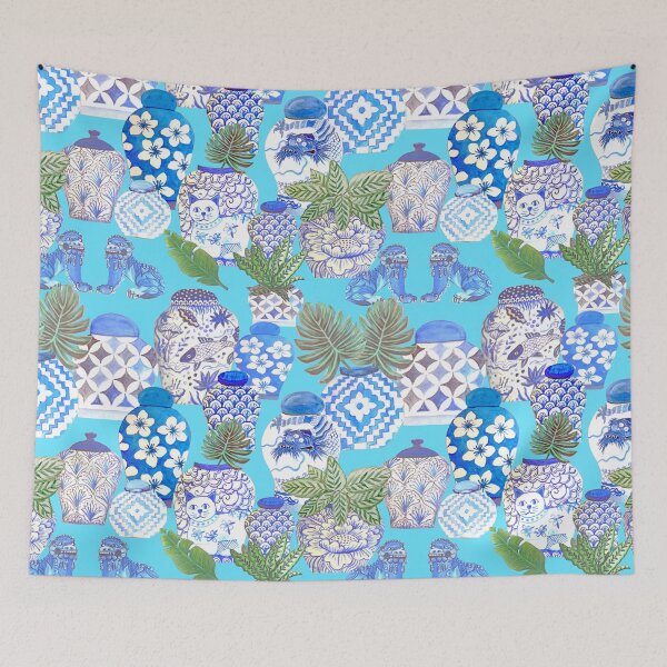 Item preview, ginger jars and palms or plants with foo dogs on teal  designed and sold by MagentaRose.