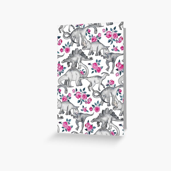 Dinosaurs and Roses – white Greeting Card
