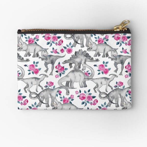 Dinosaurs and Roses – white Zipper Pouch