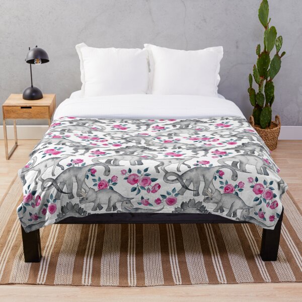 Dinosaurs and Roses – white Throw Blanket
