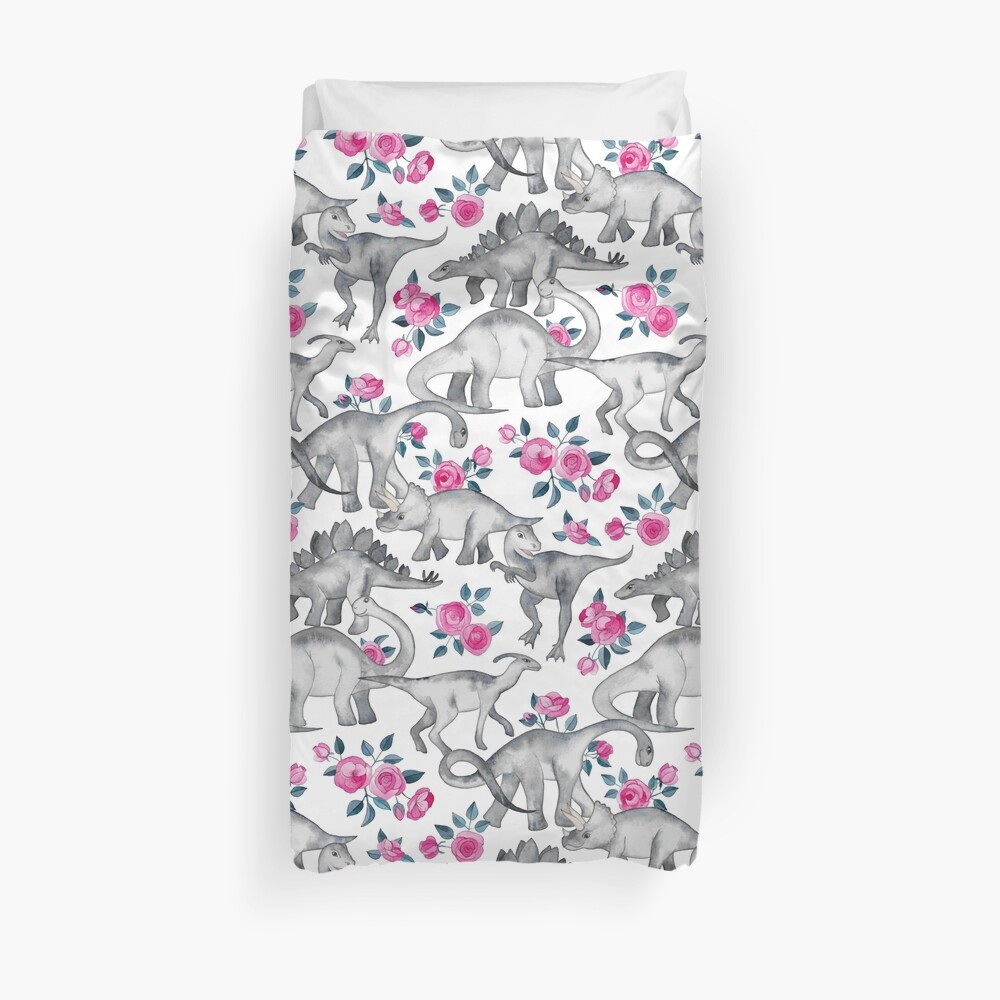 Dinosaurs and Roses – white Duvet Cover
