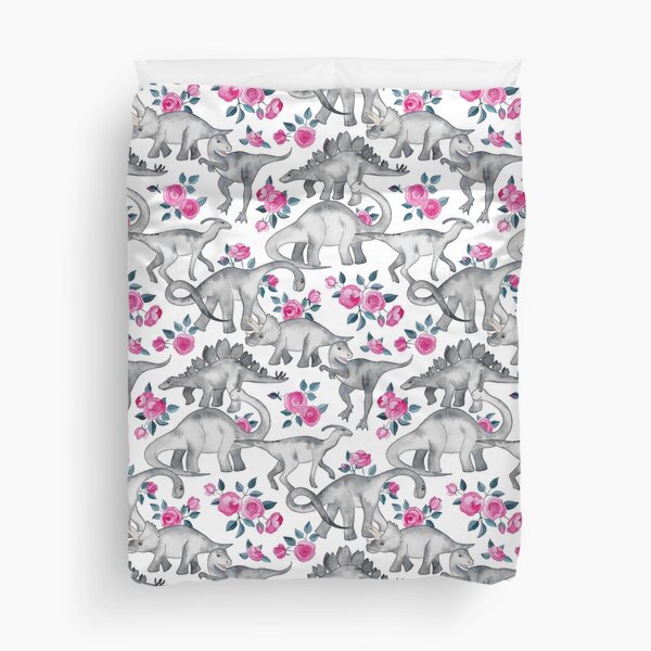Dinosaurs and Roses – white Duvet Cover