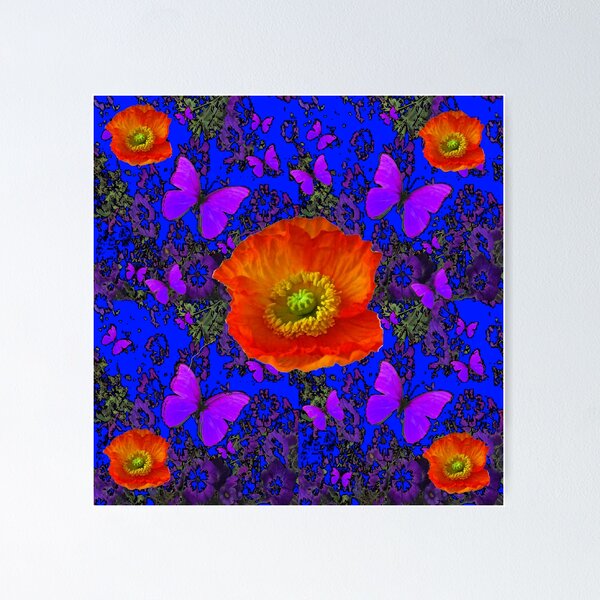 Item preview,  POPPIES & BUTTERFLIES ON BLUE PATTERNS  designed and sold by sharlesart.