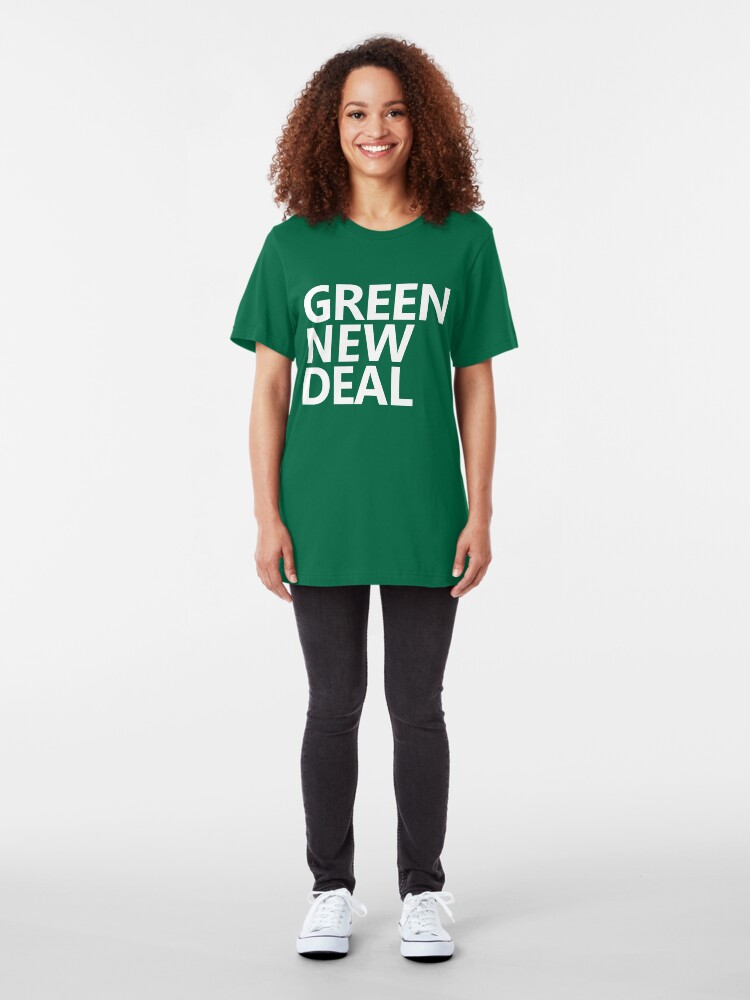 Alternate view of Green New Deal - White Text Slim Fit T-Shirt