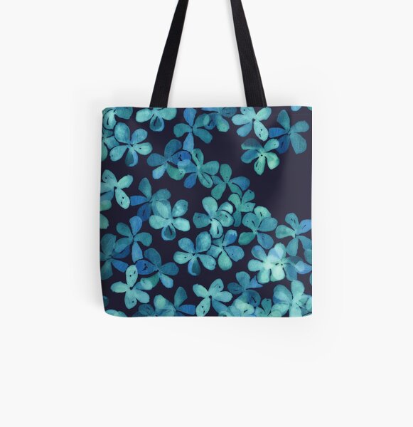 Hand Painted Floral Pattern in Teal & Navy Blue Tote Bag by