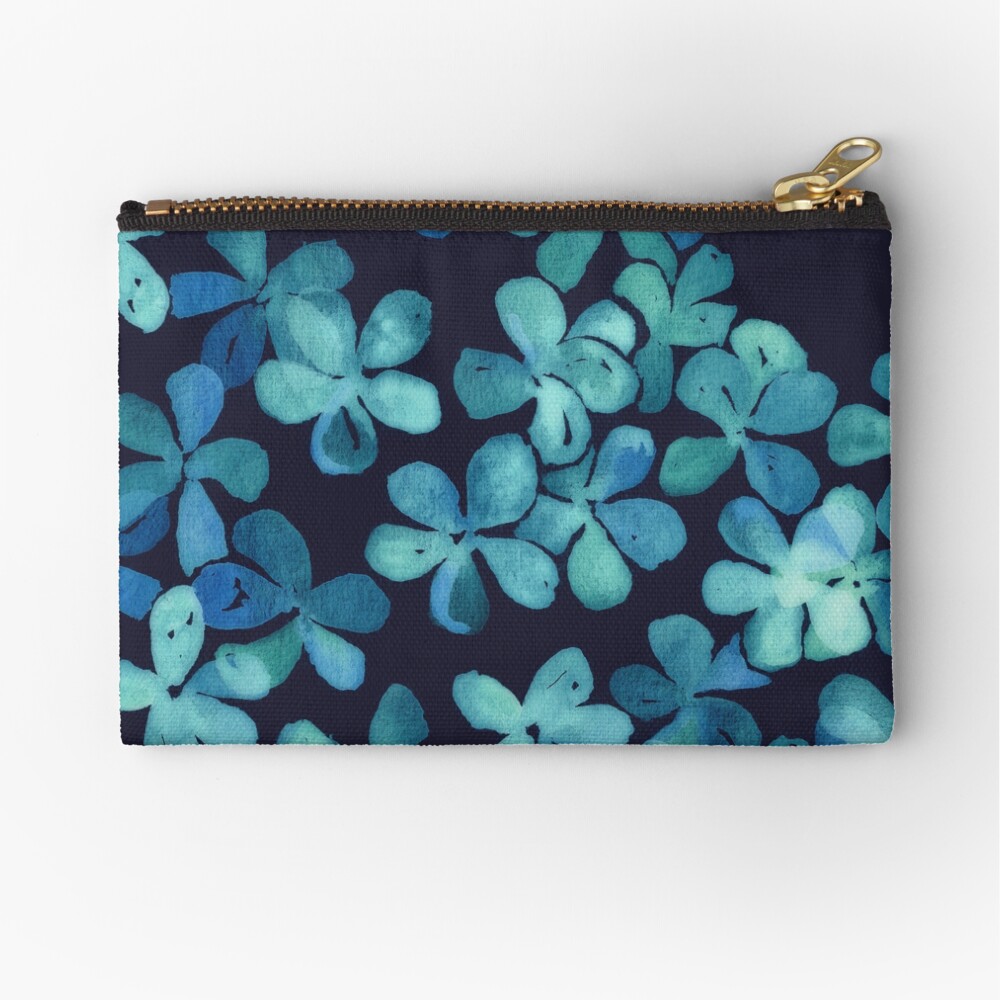 Hand Painted Floral Pattern in Teal & Navy Blue Zipper Pouch