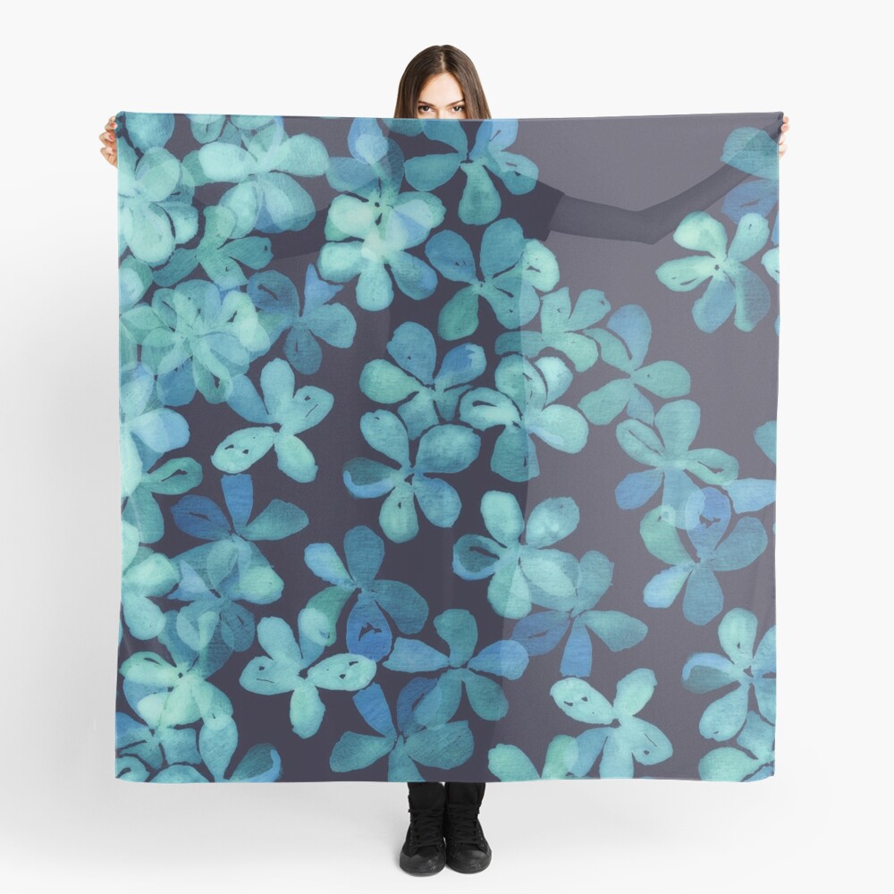 Hand Painted Floral Pattern in Teal & Navy Blue Scarf