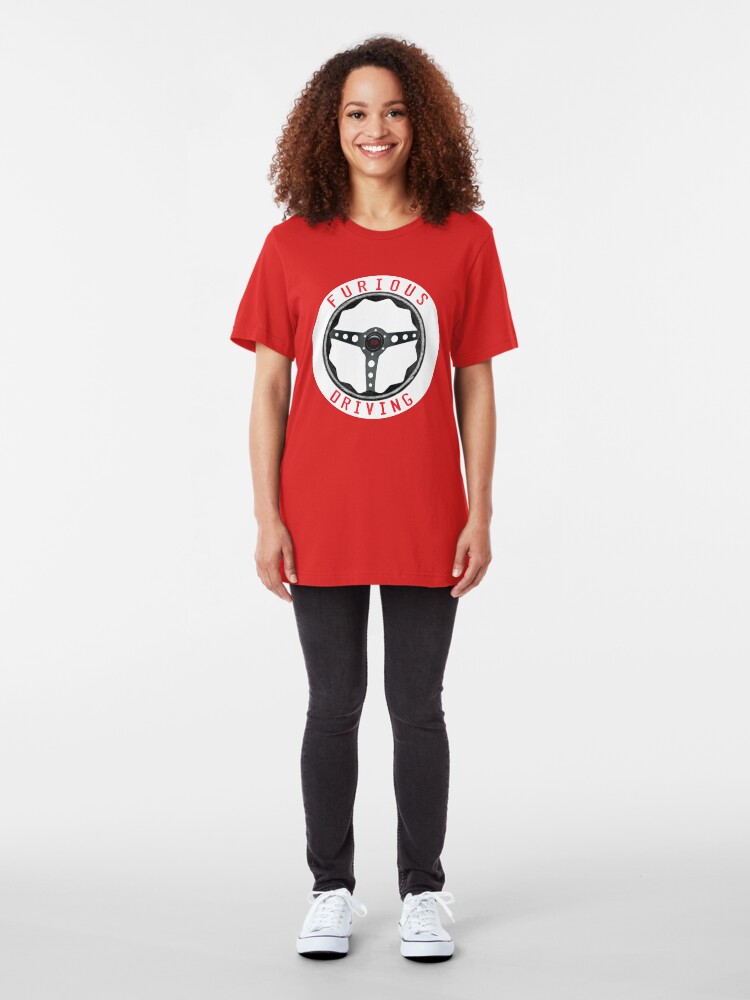 Alternate view of Furious Driving logo - White racing number circle background Slim Fit T-Shirt