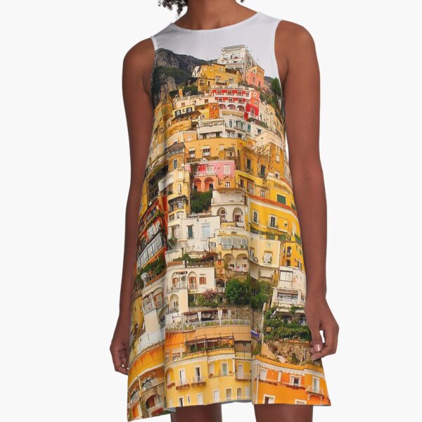 Positano, Italy Panoramic Photograph of village and houses A-Line Dress