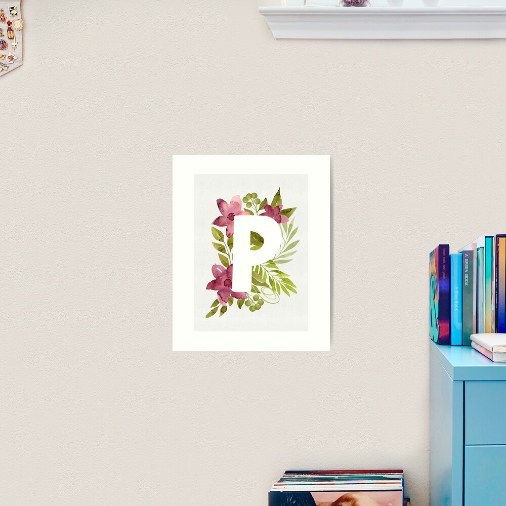 Letter P in watercolor flowers and leaves. Floral monogram