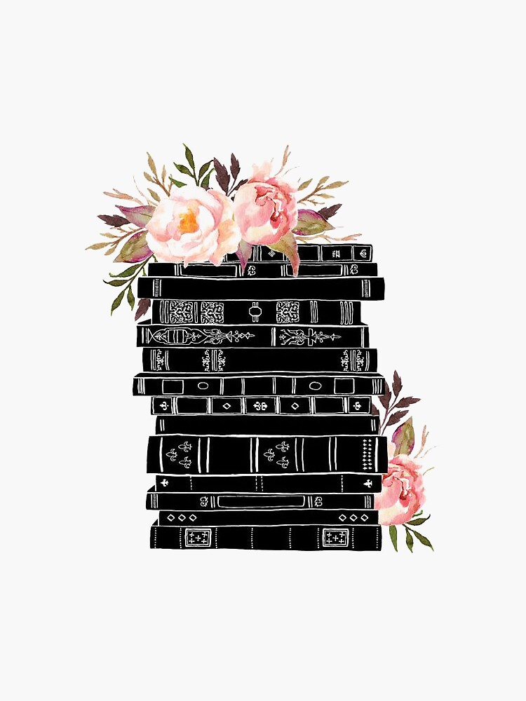 Watercolor flowers and stack of books | Sticker