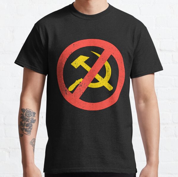 Símbolo anticomunista Lema del martillo y la hoz Rusia negro angustiado Camiseta clásica